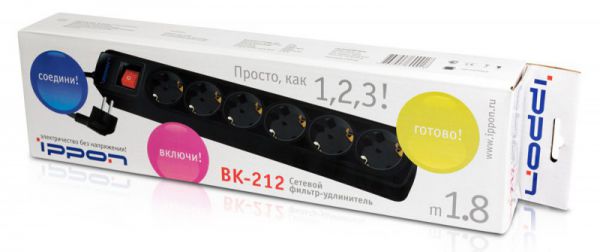 Сетевой фильтр Ippon BK212 (1.8 м) черный черный